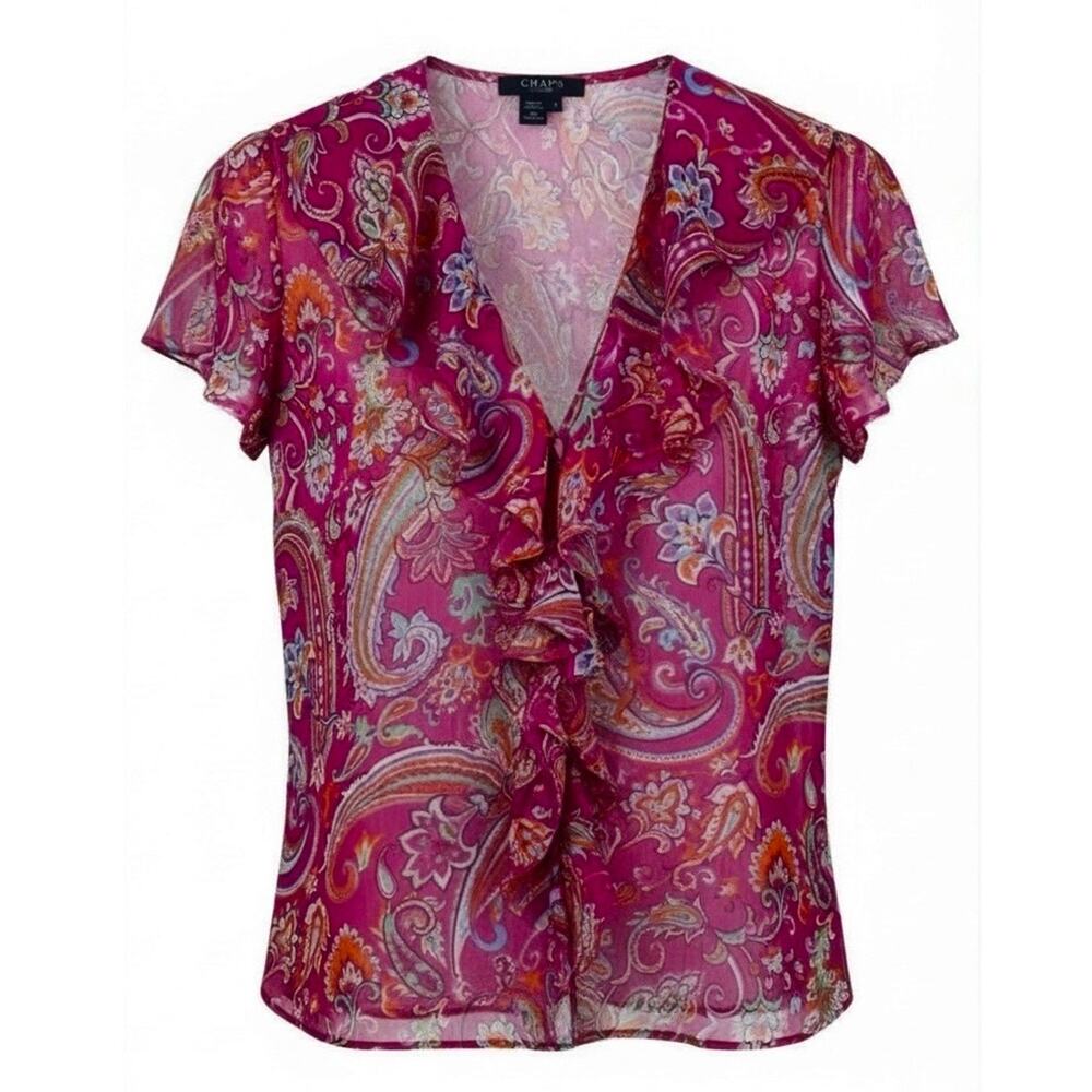 Chaps Blouse Pink Paisley Floral Sheer Ruffle Button Flutter Sleeve Size 4 VTG
